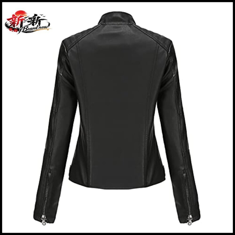 Faux Leather Bomber Jacket Women's Belted Motorcycle Jacket - Picture 6 of 7